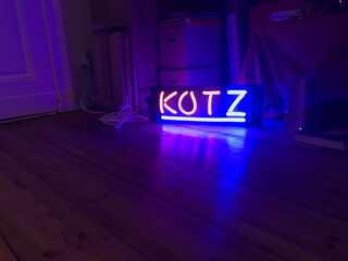 ansicht des fertigen neonlichts mit der aufschrift &bdquo;kotz&ldquo;