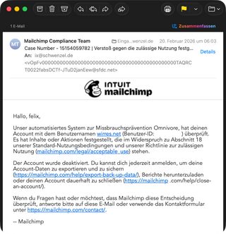 screenshot einer mail, die ich von mailchimp erhalten habe. betreff: „Verstoß gegen die zulässige Nutzung festgestellt“
