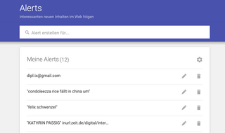screenshot aus dem google alerts manager, der zweite alert den ich konfiguriert habe lautet „condoleezza rice fällt in china um“
