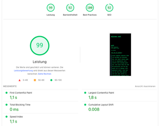 screenshot des page spedd tests von google dieses artikels. die kennzahlen sind: 99% leistung, 92% barrierefreiheit, 100% best practices und 92% SEO. der test wurde durchgeführt, bevor ich alt-tags ergänzt habe.