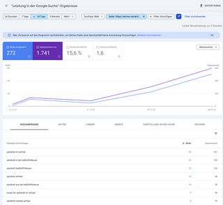 screenshot der google search console der das starke wachstum von suchergebniss impressions und klicks für wirres.net zu airfryer und spitzkohl zeigt.
