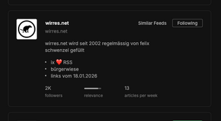 screenshot aus der feedly suche nach dem hashtag #kultur. wirres.net steht da an stelle 17 und hat angeblich neben 2k followers, eine „relevance“ von 83%