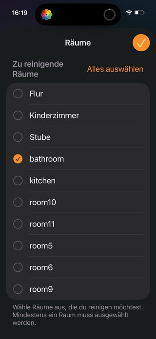screenshot aus der home.app, der die matter staubsauger-bereiche, die man zur reinigung auswählen kann, zeigt