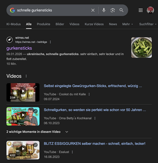 screenshot eines serp für „schnelle gurkensticks“ mit „meienm“ gurensticksezept als ersten suchtreffer