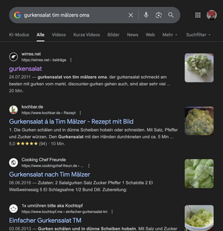 screenshot eines serp für „gurkensalat tim mälzers oma“ mit „meienem“ gurkensalatezept als erstes suchergebnis