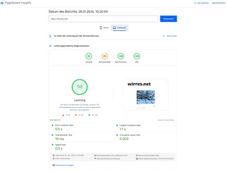 screenshot des page speed test für wirres.net. beim desktop ergebnis ist alles auf 100%, ausser der barrierefreiheit. die ist bei unter 90%