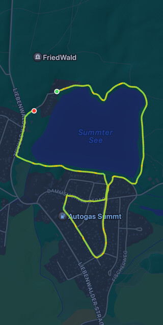 screenshot der appel watch „training“ aufzeichnung, der unseren weg um den summter see zeigt.