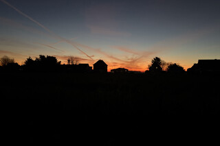 sonnenaufgang in karken mit kahlen bäumen und haus-silhouetten am horizont. der himmel leuchtet in warmen orange- und gelbtönen.