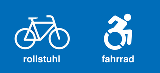 zwei piktogramme mit einer bildunterschrift. unter dem fahrrad steht „rollstuhl“, unter dem rollstuhl steht „fahrrad“