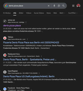 screenshot der seite 3 oder 4 der google suche nach „denis pizza place“. da steht meine rezension.